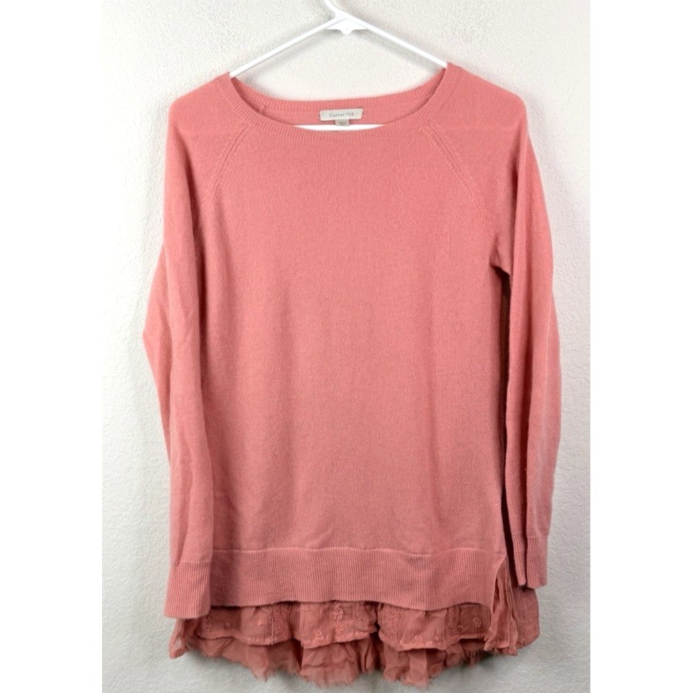 Garnet Hill 100% Cashmere Sweater Womens S Salmon Pink Ruffle Lace Hem Old Money